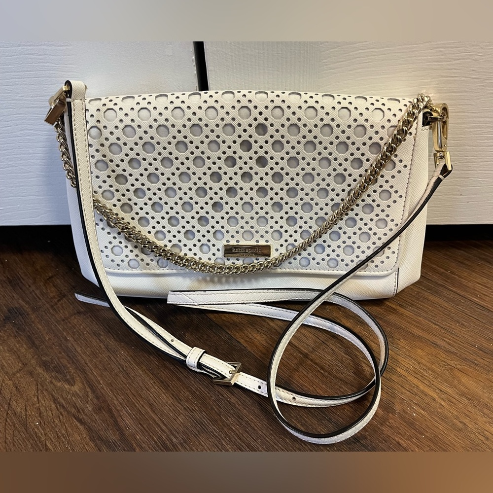 White Laser-cut Pattern Kate Spade Crossbody Bag with Gold Accents